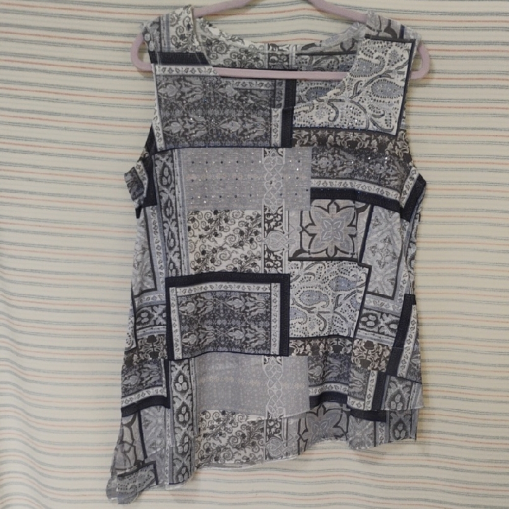 Shade Of Blue, Some Gray, White, A Lil'Sparkle In Bib Area Asymmetrical Tank Top